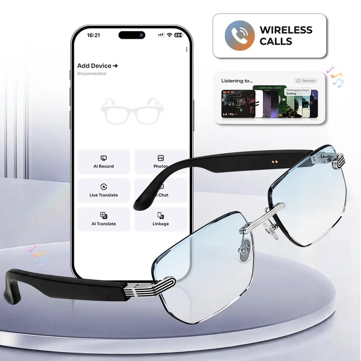 Smart Glasses, Wireless Translation Glasses, AI Translation (130+ Languages), Bluetooth Audio Glasses for Phone Calls & Music, Anti Blue Light, Smart Touch Control for Travel Business Daily Commute for Men Women