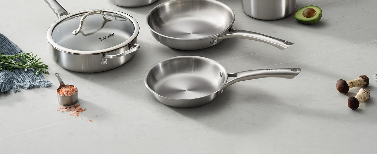 Stainless Steel Cookware Set,Tir-Ply Pots and Pans Set,10 Pcs Stainless Steel Induction Kitchen Cookware Sets,PFOA Free, Frying Pans,Saucepans,Saute Pan & Stock Tagine Pot,Compatible with All Cooktops