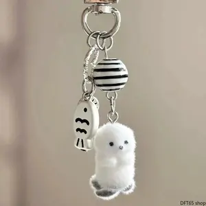 Soft Plush Pomeranian Puppy Keychain Fluffy Skin Friendly Fabric Fixed Metal Split Ring Tiny Light Silhouette For Dog Owners Backpack Cell Phone Key Daily Cute Collectible Portable Decorative Gift Accessory