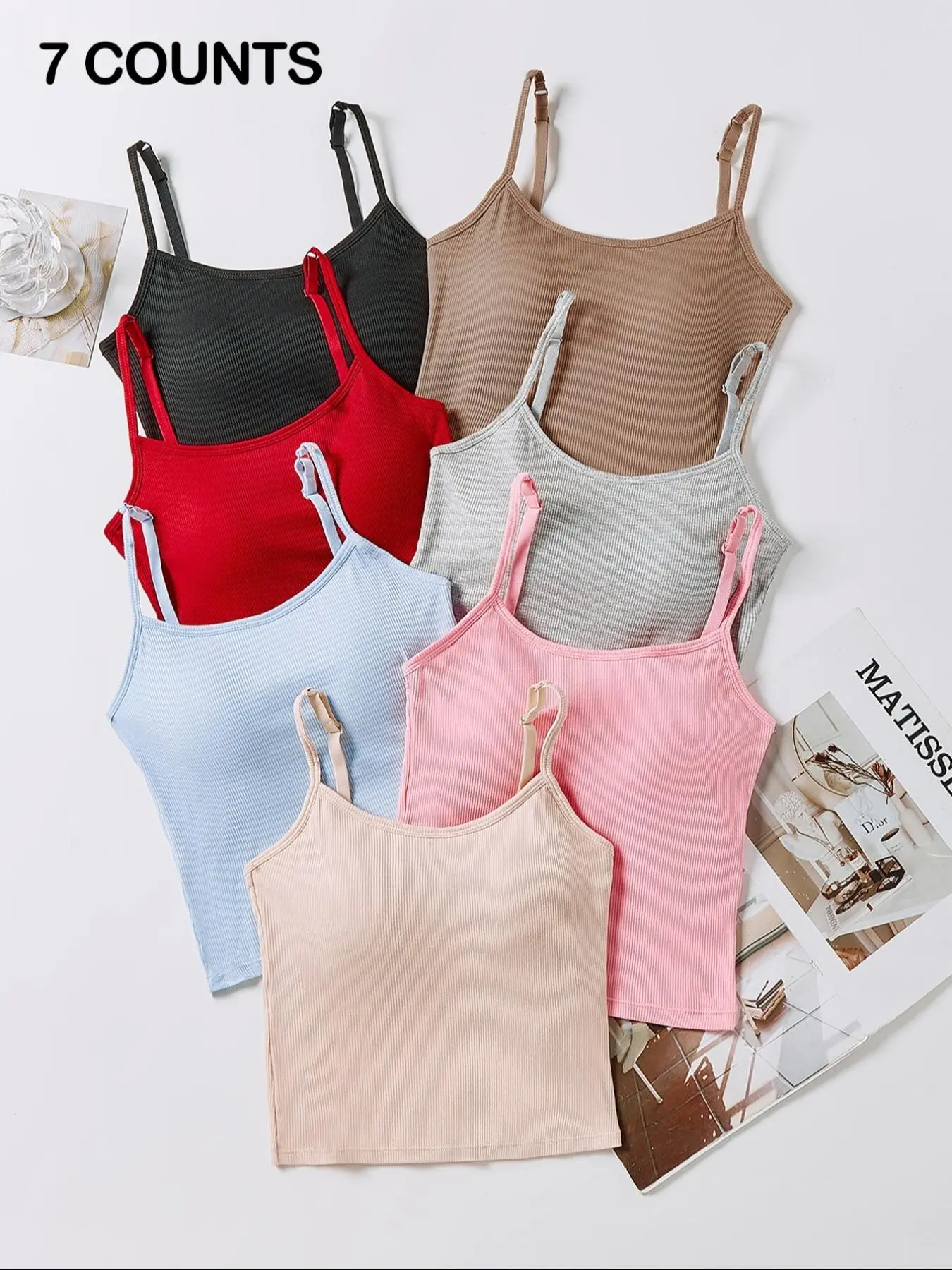 1/2/3/5/7 Counts Women's Solid Ribbed Crop Spaghetti Strap Cami Top With Padding, Casual Sleeveless Cropped Top for Daily Wear, Ladies Underwear Clothes for All Seasons, Underwear for Women, Summer Tops，Runs Small, Asian Women's Size