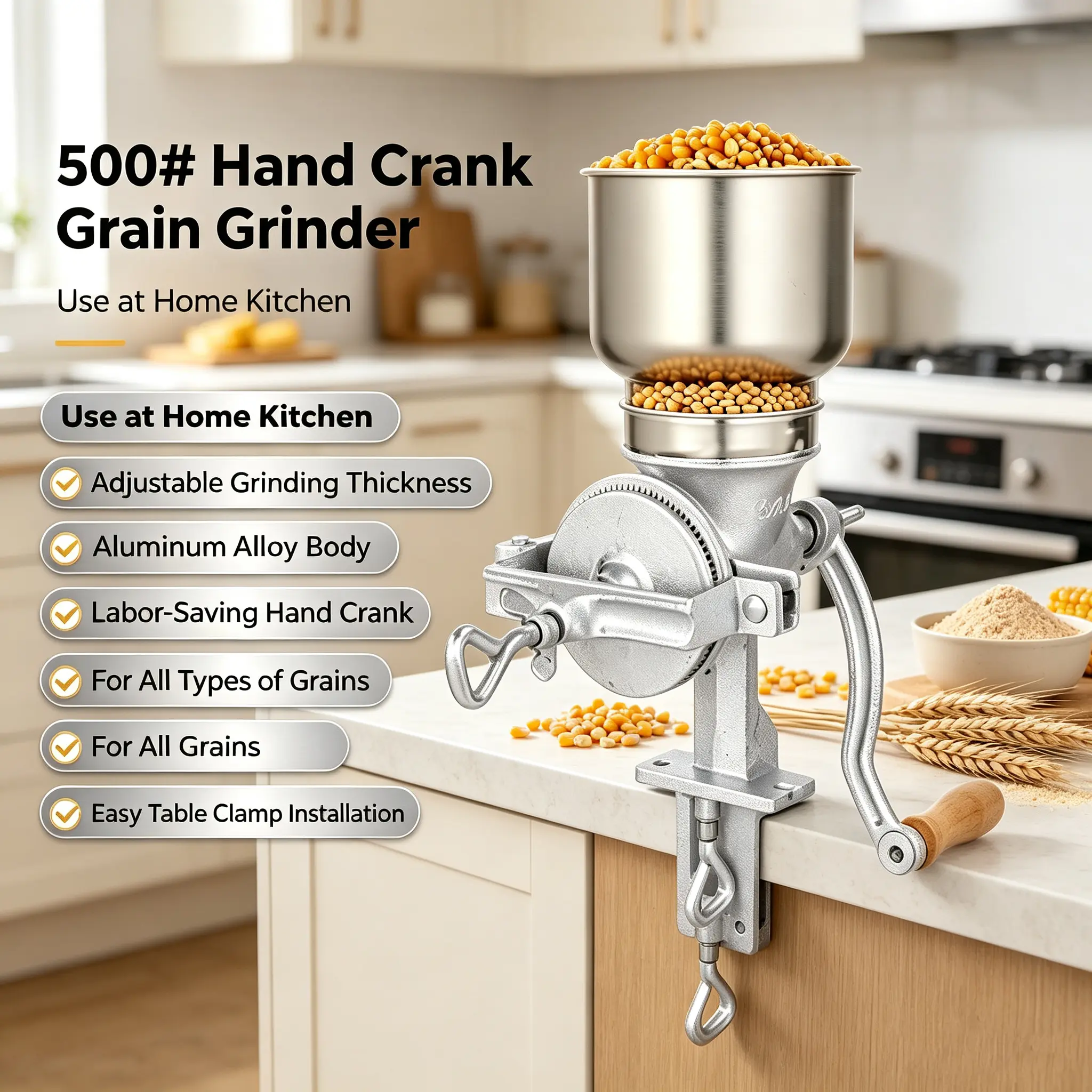 500# Hand Crank Grain Grinder Silver, Manual Aluminum Alloy Grain Mill Adjustable Grinding Thickness Household Cereals Grinding Machine for All Kinds of Grains Home & Commercial Use
