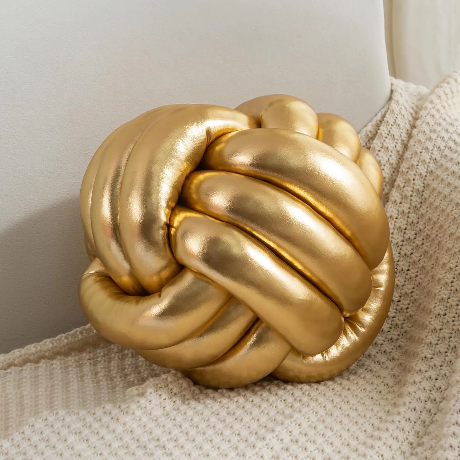 Round Knot Ball Pillow Plush Knotted Bedroom Decor Plush Knot Medium Size 11Inch Gold