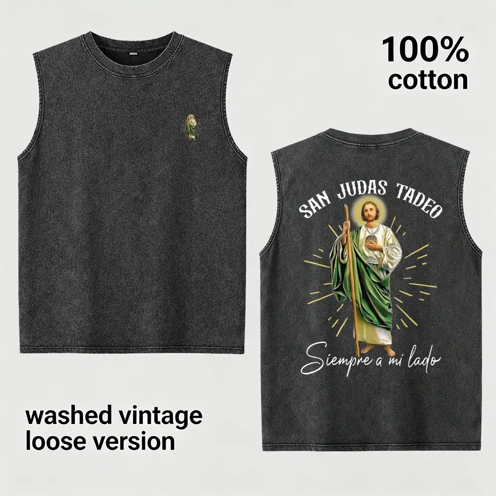 San Judas Tadeo Tank Top Men's 100% Cotton Sleeveless T-Shirt Vintage Washed Saint Jude Catholic Religion Muscle Vest Loose Fit Graphic Gym Tee Streetwear, Spanish Faith Birthday Gift for Husband Boyfriend Dad