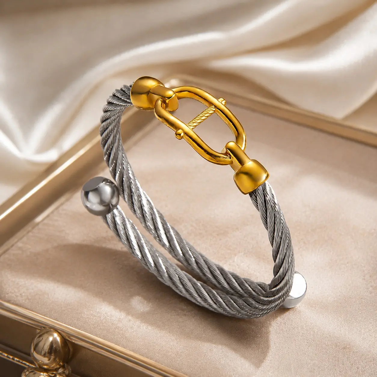 2-Tone Mix Titanium Alloy Cable Bracelet - Gold-Tone Shackle Buckle, Adjustable Size Multi-Strand Wire Cuff, Industrial Chic Casual Daily Modern Fashion Costume Jewelry Accessory, Two-Tone Mix