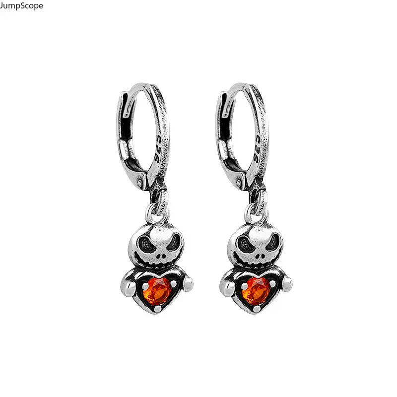 Vintage Oxidized Skull Huggie Hoop Earrings, Grinning Skeleton Heart Orange Red Cubic Zirconia Dangle Ear Buckles Gothic Punk Cool Trend Halloween Statement Drop Earrings Women Cross-Border Dark Jewelry
