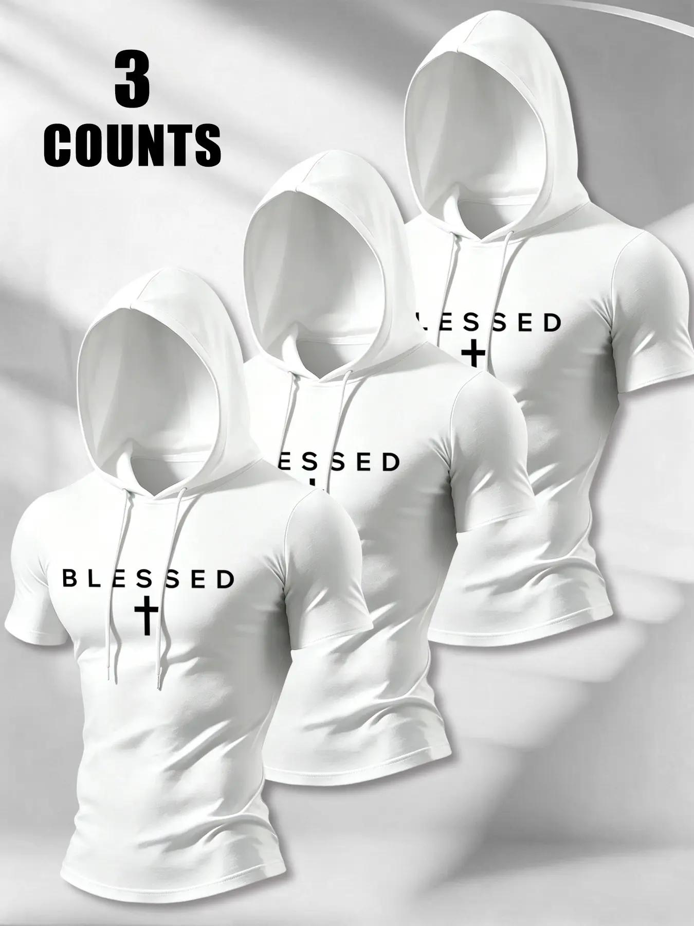 Men's 3-Piece Set, Blessed Cross Faith Letter Slim Fit Hooded Short Sleeve, American Christian Simple Elastic Breathable Hoodie Top