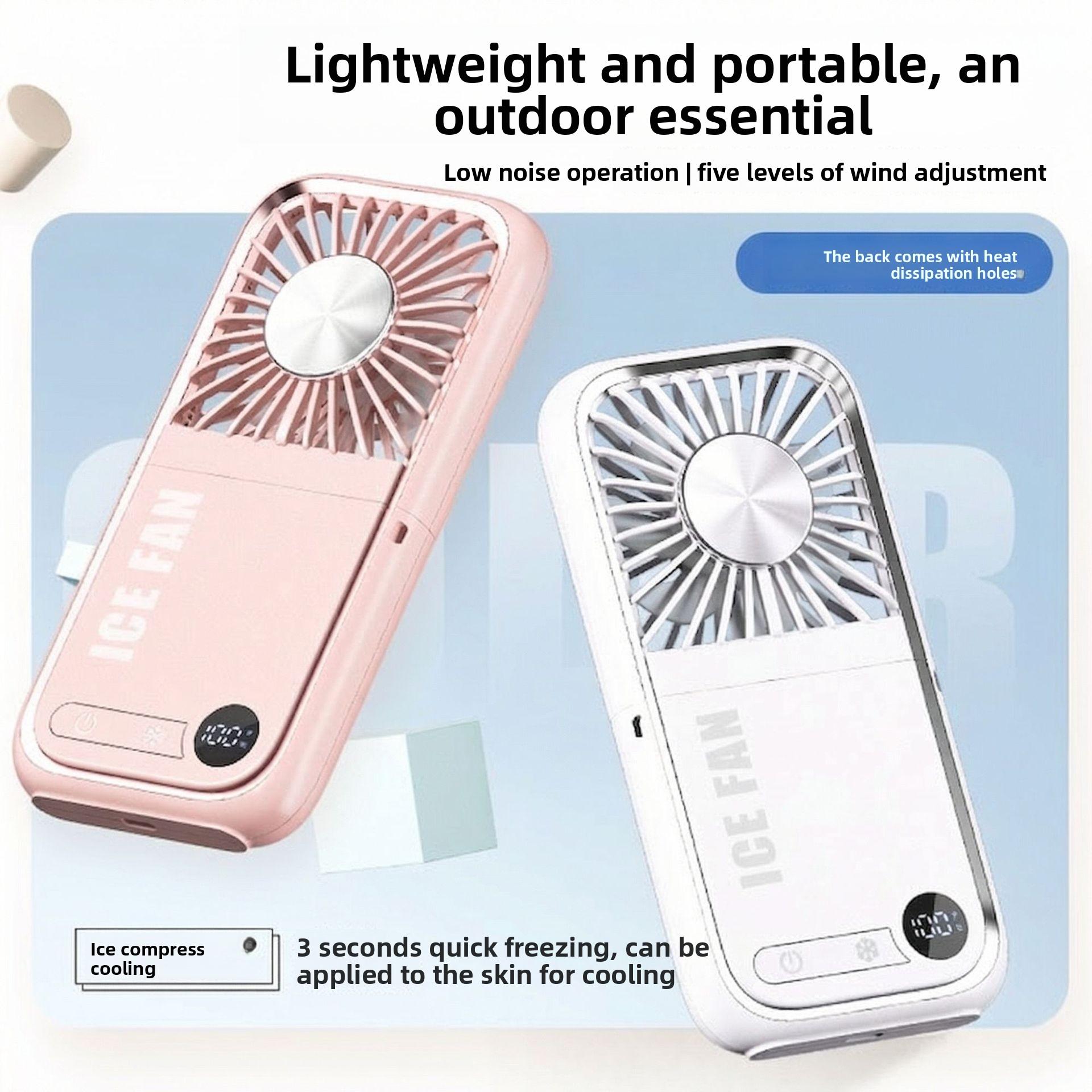 tylish and versatile personal fan with digital display, foldable design, and dual-use for neck hanging or handheld. Built with ice compress cooling technology, USB rechargeable, ultra-portable for outdoor, travel, office and daily use. Low noise, strong w