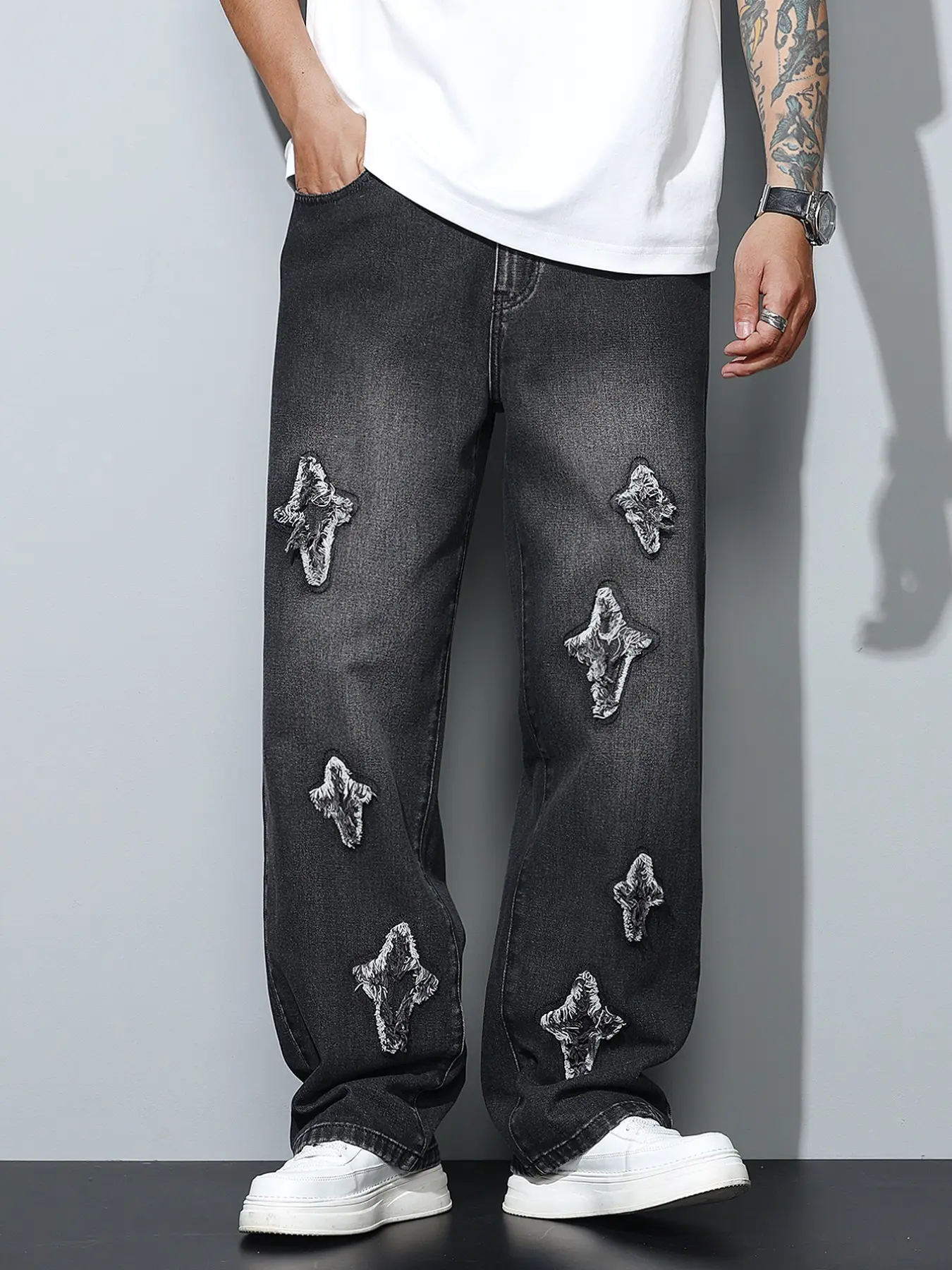 Men's Wide Leg Jeans, Distressed Cross Patchwork Embroidery, Loose Fit Ripped Drop Hem, Trendy Long Pants, No Waistband or Accessories