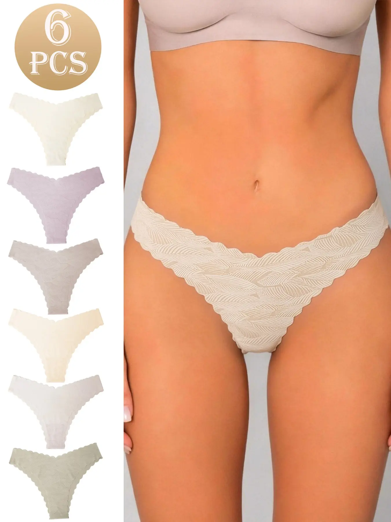 6 Pcs Macaron Nude Feather Texture Wave Edge Seamless Thong, Ice Silk One-Piece Low Waist Invisible Panty, Gym Yoga No Saddle Pad Underwear