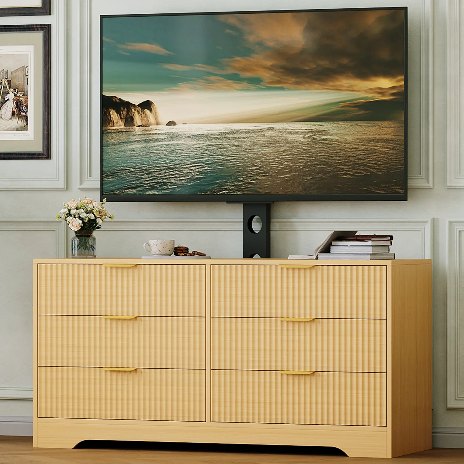 Natural Log Color Modern Tall TV Stand with Adjustable Mount - 6-Drawer Fluted Panels Media Console, Sturdy Legs MDF Entertainment Center, Compatible with Up to 75 in TVs, Wall-Mountable or Freestanding for Living Room, Bedroom