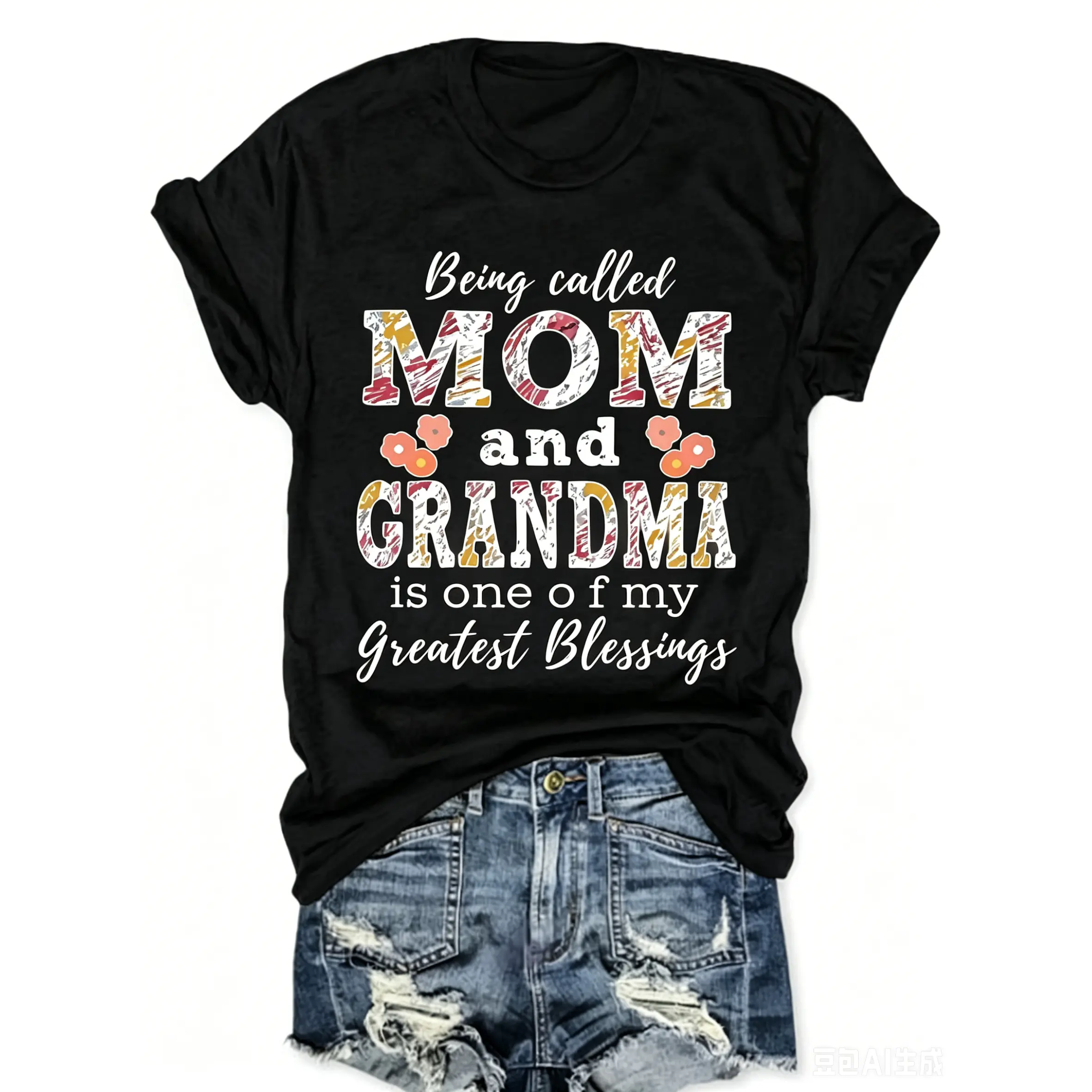 Plus Size Women's Casual Short Sleeve Loose T-shirt - Round Neck, Floral Distressed Text, "Being Called Mom And Grandma Is 1 Of My Greatest Blessings" Nana Graphic, Seasonal Fashion Top