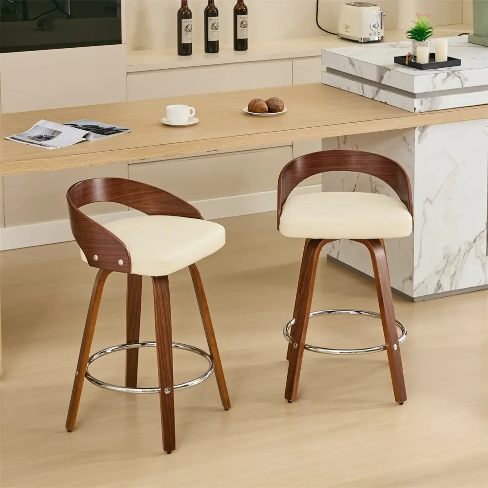 2PC Counter Height Bar Stools, Wood Legs Bar Chairs with Low Back, 360-Degree Swivel with Soft Cushion Seat