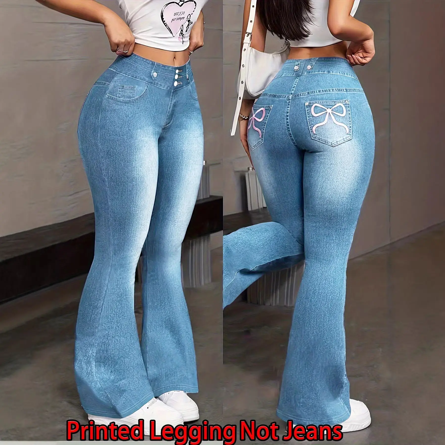 Lady's Flared Pants, Butterfly Printed Faux Denim Bottoms with Wide Leg Cut, Multi-Size Sun-Protective Casual Wear, Bottom