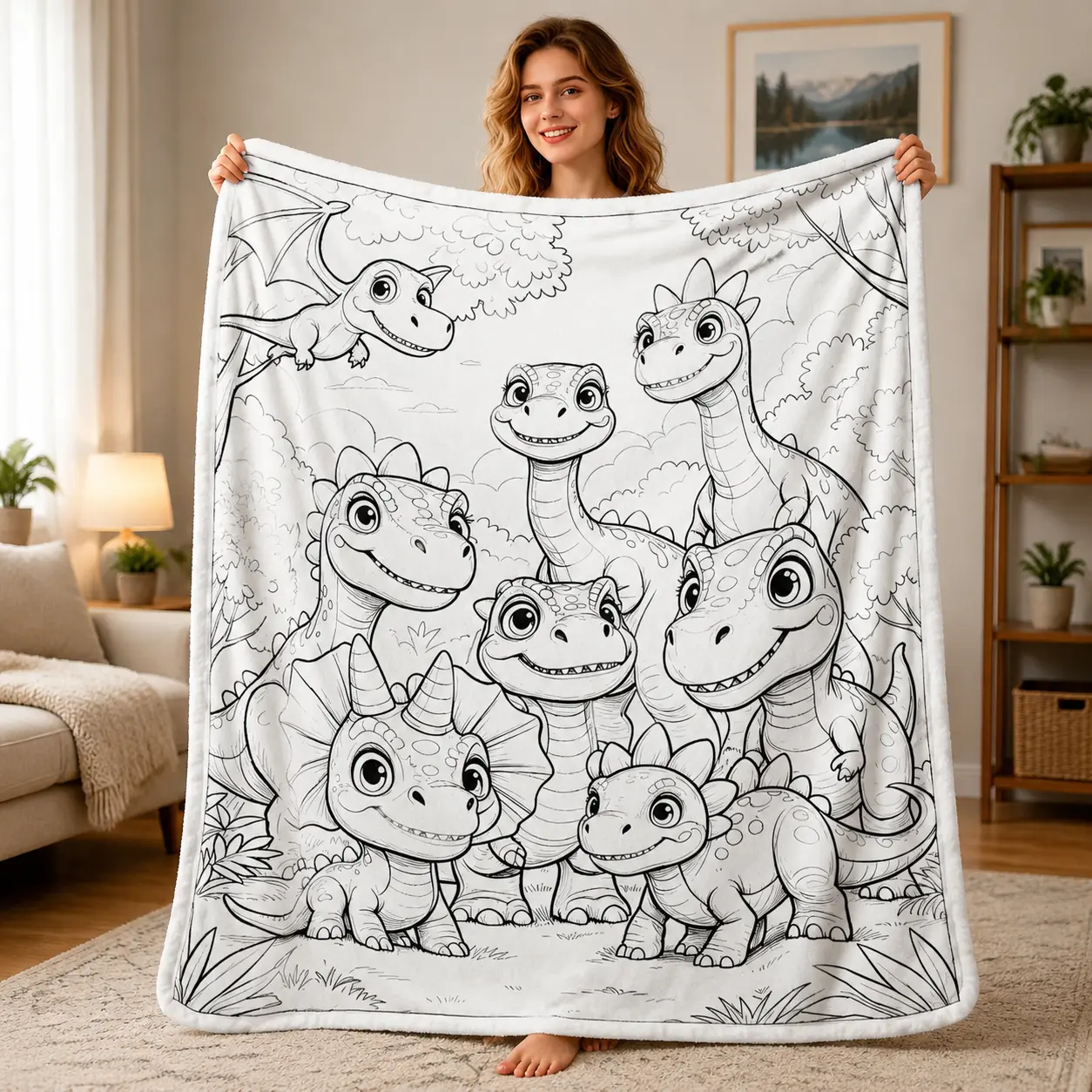 DIY Coloring Dinosaur Flannel Throw Blanket for Kids & Teens, Cute Dinosaur Line Art Pattern Blanket, Ultra Soft Breathable Lightweight Bedspread. Perfect for bedroom decor, sofa naps, office breaks, camping trips. Fun blank coloring page blanket, ideal c