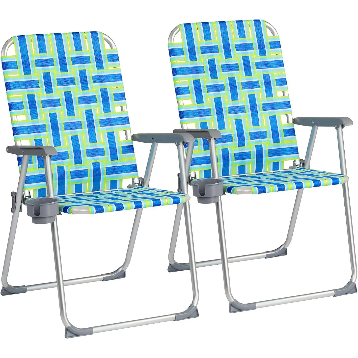 Aluminum Patio Lawn Chairs Folding Set of 2 with Detachable Cup Holder, Webbed Beach Chair Folding Chair Outdoor Portable Camping Chair for Yard, Garden Blue alulawnchair