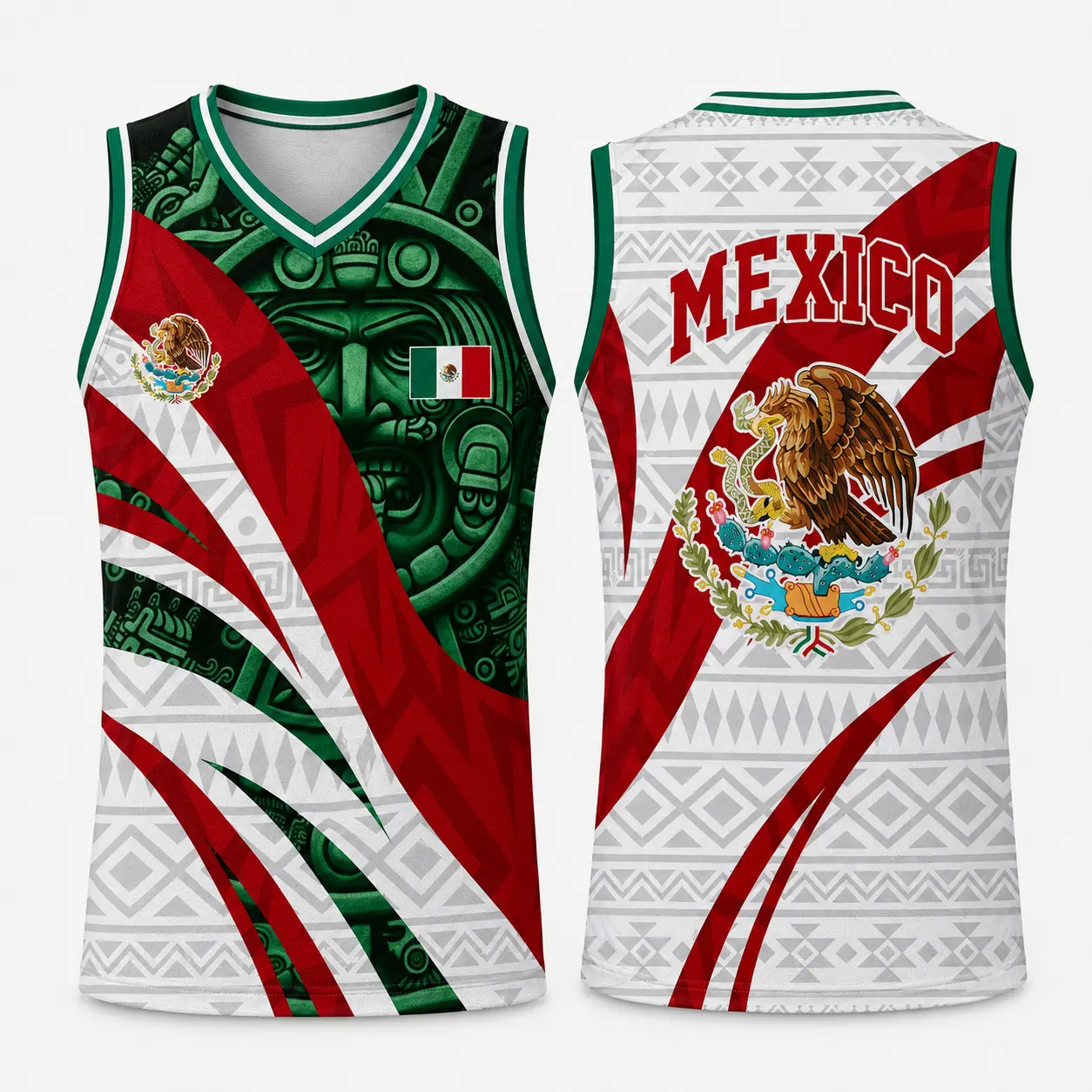 Mexico Basketball Jersey Tank Top, Mexican Flag Sleeveless Sports Shirt, Red Green White Aztec Pattern V Neck Athletic Fan Jersey, Eagle Emblem Mexico Pride Top, Cinco de Mayo Fiesta Outfit, Summer Streetwear Gym Workout Gift for Men Women Adults