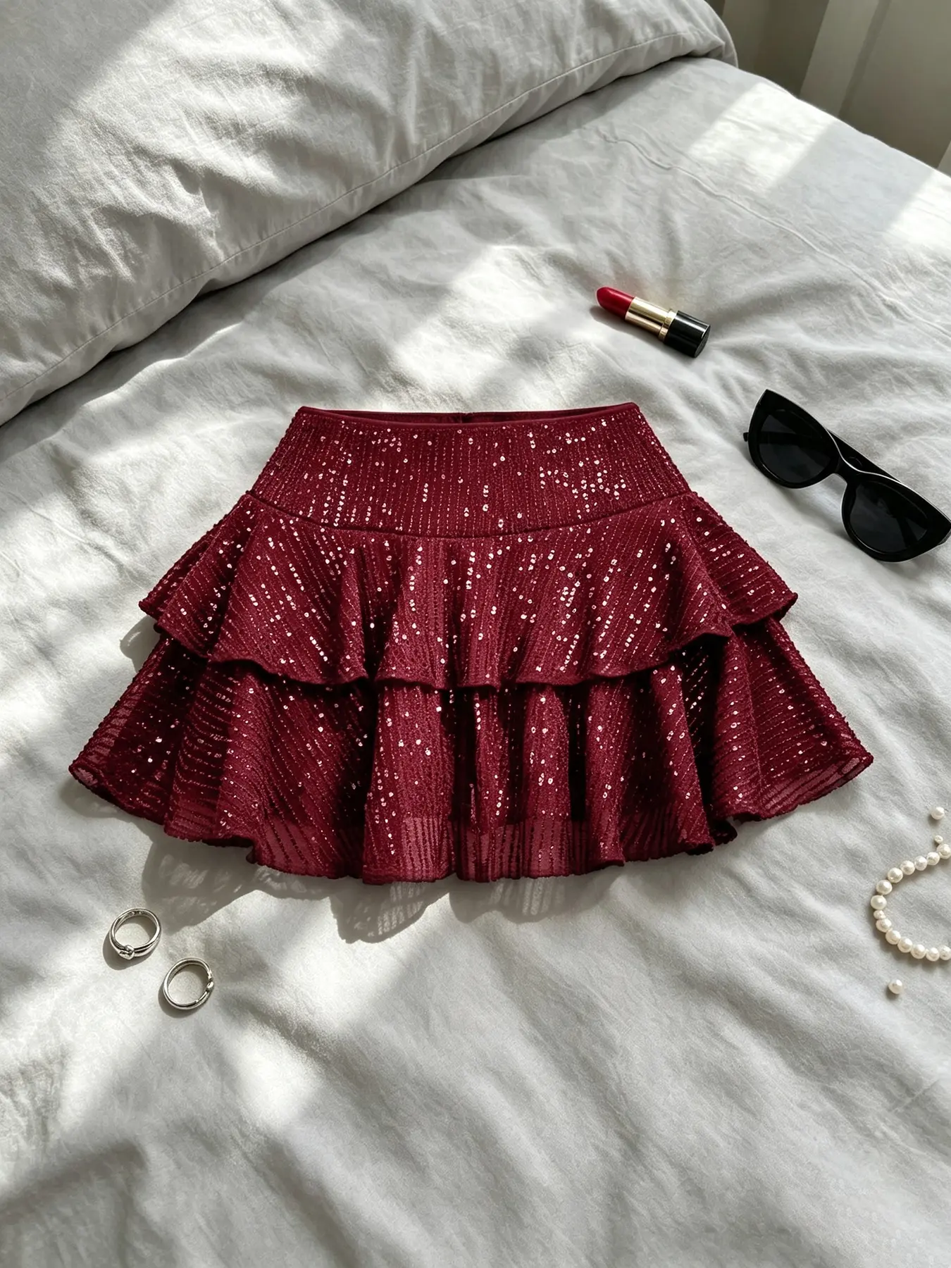 New Women's Sequin Mini Skirt, High Waist Double-Layer Ruffled Mesh Design, Perfect for Daily Shopping, Dates, Parties and Outings, Shimmering Skirt