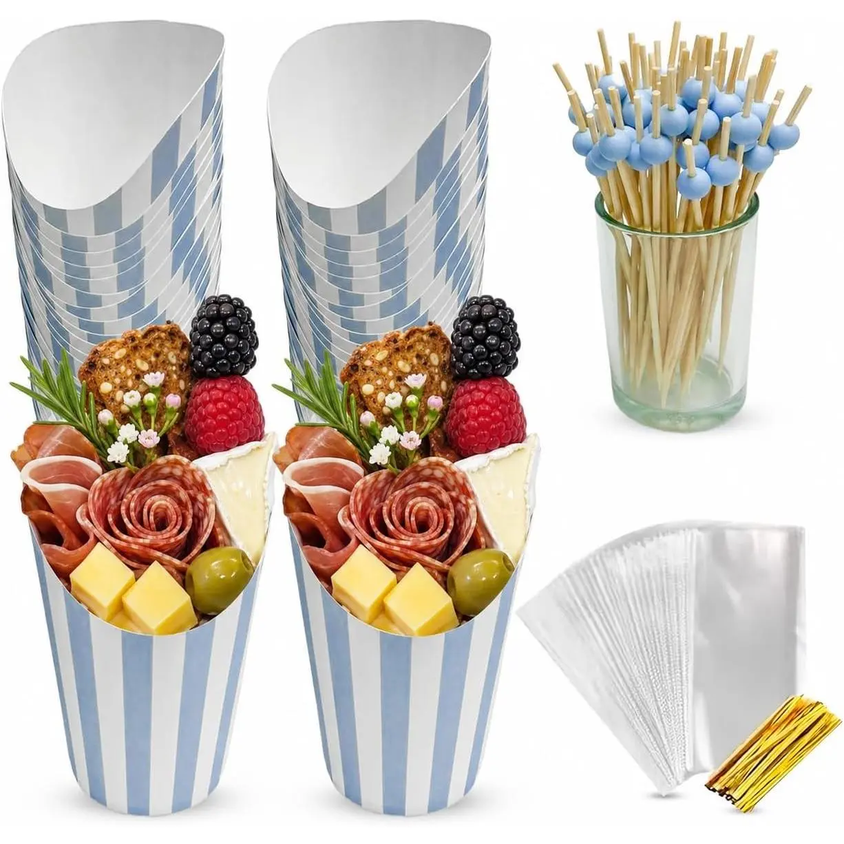 60Pcs Baby Blue Charcuterie Cups with 60 Sticks & 60 Bags - Appetizer Cups Charcuterie Serving Accessories