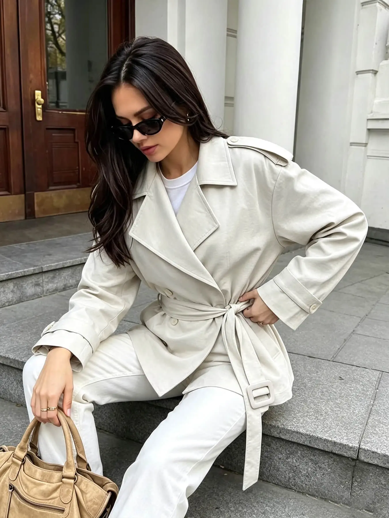 1 piece women's fashion short trench coat with long sleeve, double-breasted lapel, waistband and waist-cinching design, suitable for spring and autumn, ideal for office commuting, daily outings, dating trips, and outdoor wear