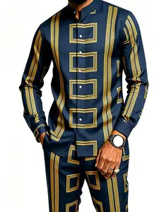 Men's Two-Piece Casual Set, Long-Sleeve Stripe Shirt and Long Pants with Stand Collar, Multi-Color Outfit for Parties and Spring–Autumn Wear, Multifunctional Casual Outfit Set