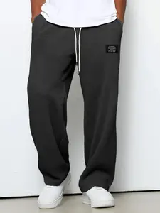 Men's Casual Waffle Honeycomb Fabric, Classic Rectangular Letter Patch, Thick Drawstring, Wide Leg Pants, Running Training, Campus Wear, Home Leisure