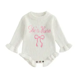 Baby Girl Knit Romper Long Sleeve Crew Neck She's Here Letter Bow Embroidered Sweater Bodysuit Ruffle Sleeve Infant Jumpsuit Newborn Clothes Fashionable Embroidery