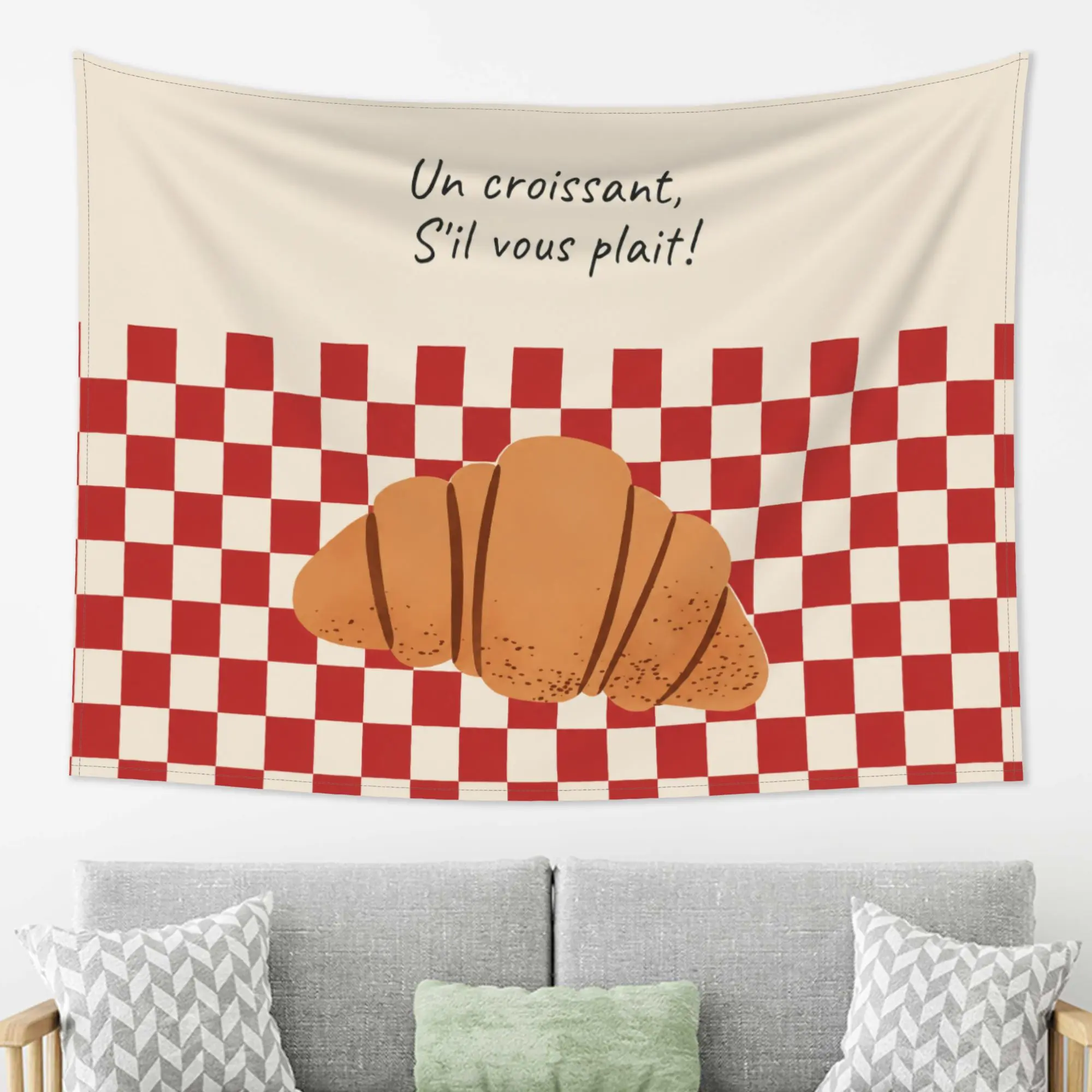 French Croissant Wall Tapestry Red Plaid Background Wall Hanging Art for Kitchen Dining Room Café Decor Aesthetic Bakery Themed Fabric Poster for Bedroom Living Room,Hippie,UV
