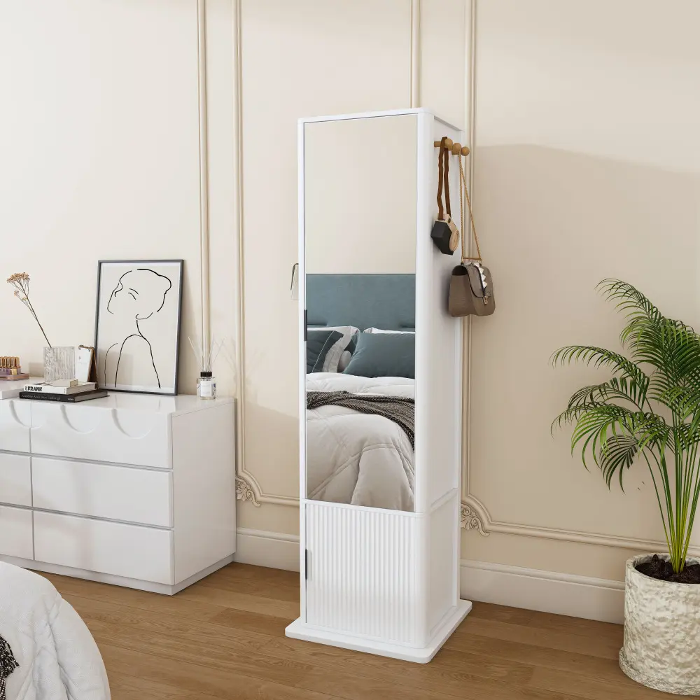 Littleox 360° rotating makeup cabinet, jewelry cabinet with a full-length mirror, standing storage cabinet with a coat rack, 4 layers of open shelves and 2 layers of built-in shelves, white