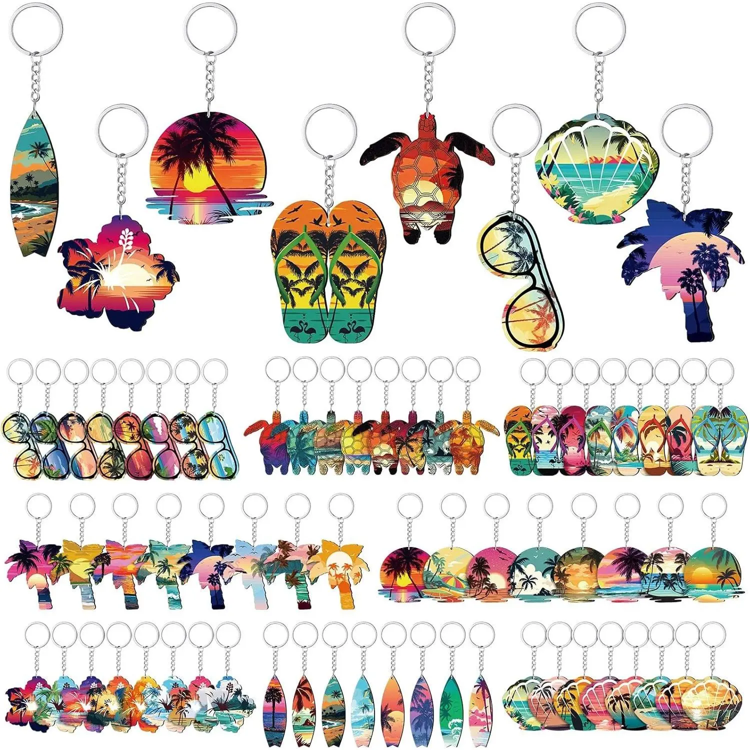 64 Pcs Hawaiian Luau Keychains Bulk, Tropical Summer Beach Party Favors - Wooden Sea Turtle Surfboard Flip Flop Keyring Set Ideal for Pool Hawaiian Birthday Luau Decorations