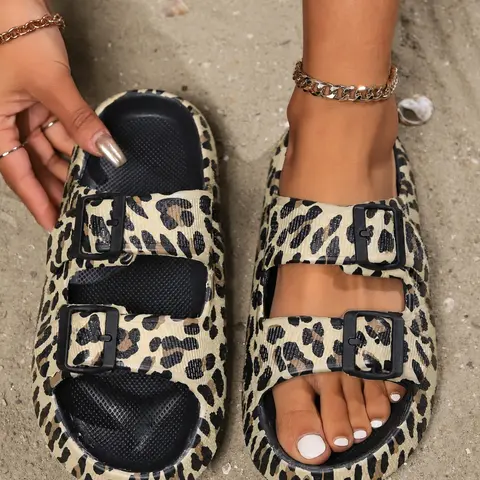 Women's Fashion Leopard Print Slides, Sliders Shoes, Casual Comfortable Platform Slippers for Summer, Non-Slip Beach Shoes for Indoor & Outdoor Wear, Beach Slides Footwear