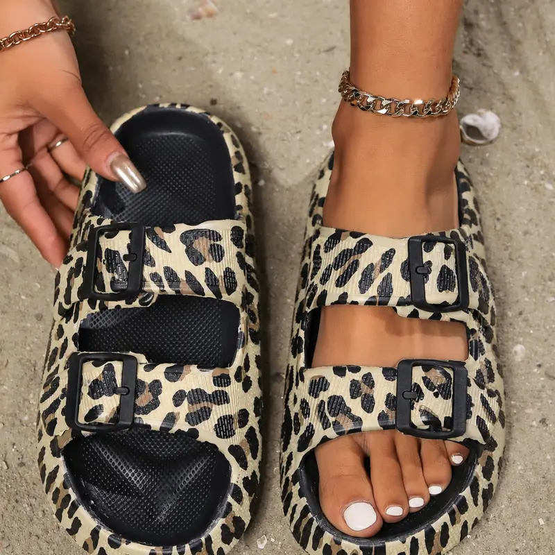 Women's Fashion Leopard Print Slides, Sliders Shoes, Casual Comfortable Platform Slippers for Summer, Non-Slip Beach Shoes for Indoor & Outdoor Wear, Beach Slides Footwear