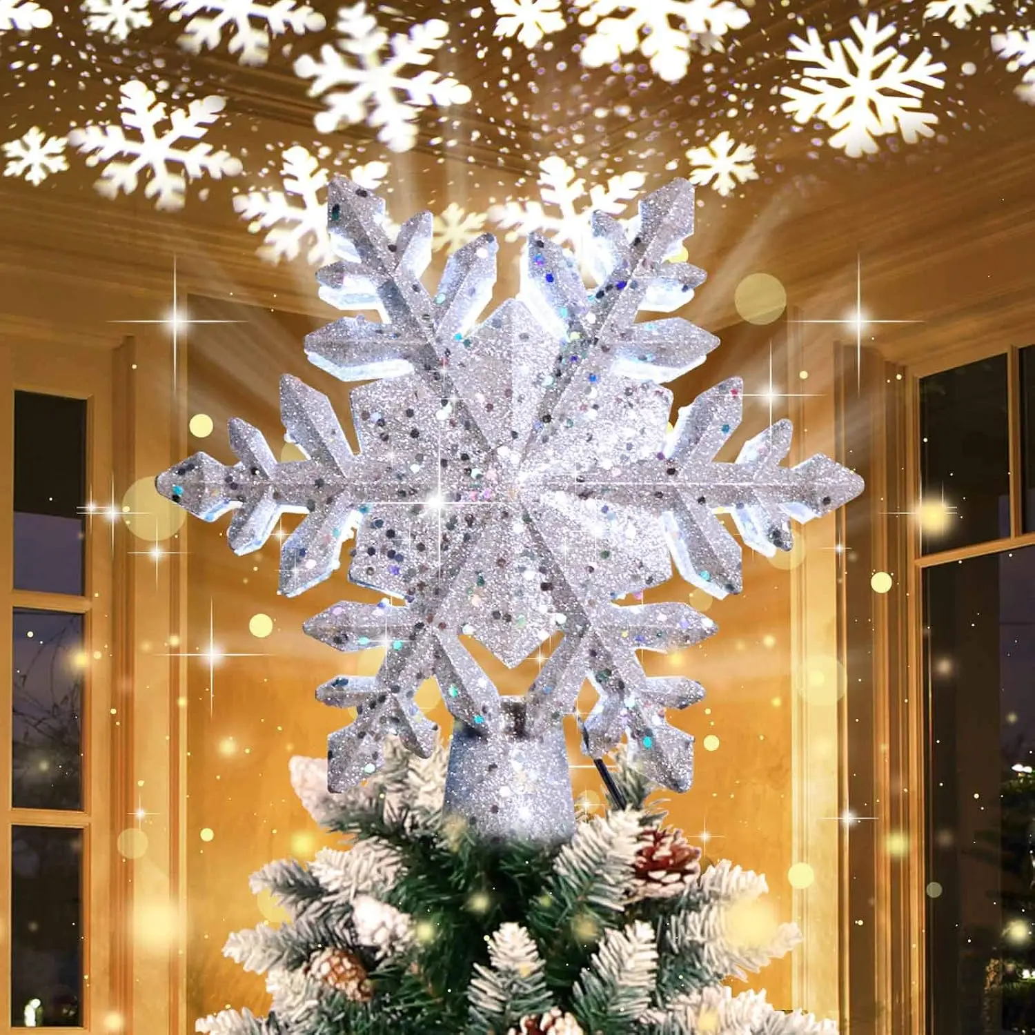 Snowflake Christmas Tree Topper with Rotating Projector Light for Xmas Tree |  Hollow Glitter LED Lighted Christmas Tree Decorations, Magic Ceiling Snowfall Effect, Glitter  Snowflake Design