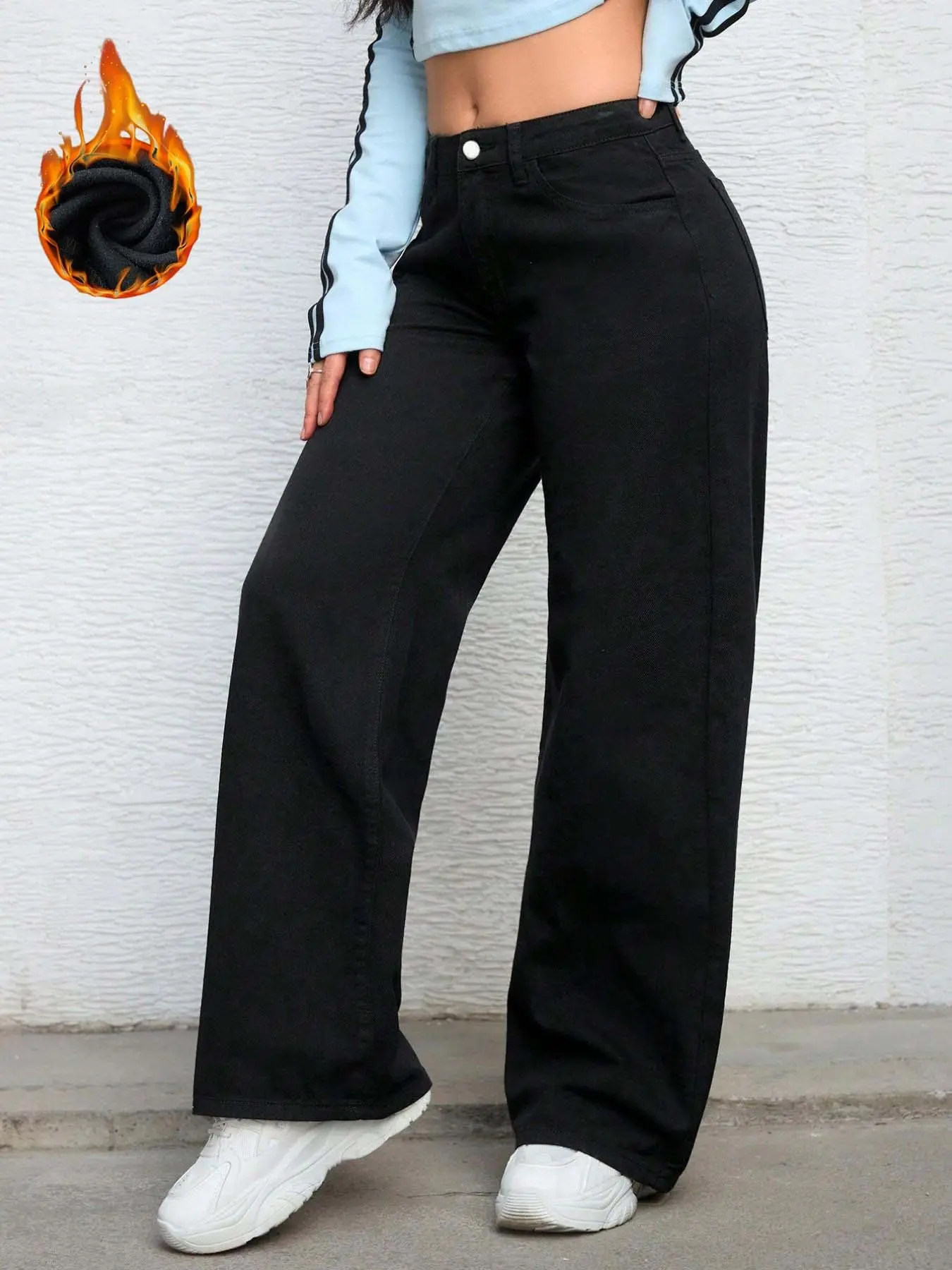 Women's Fleece-Lined Wide Leg Jeans, Mid-Waist Thick Warm Winter Denim Jeans, Casual Loose Fit Long Pants for All Seasons