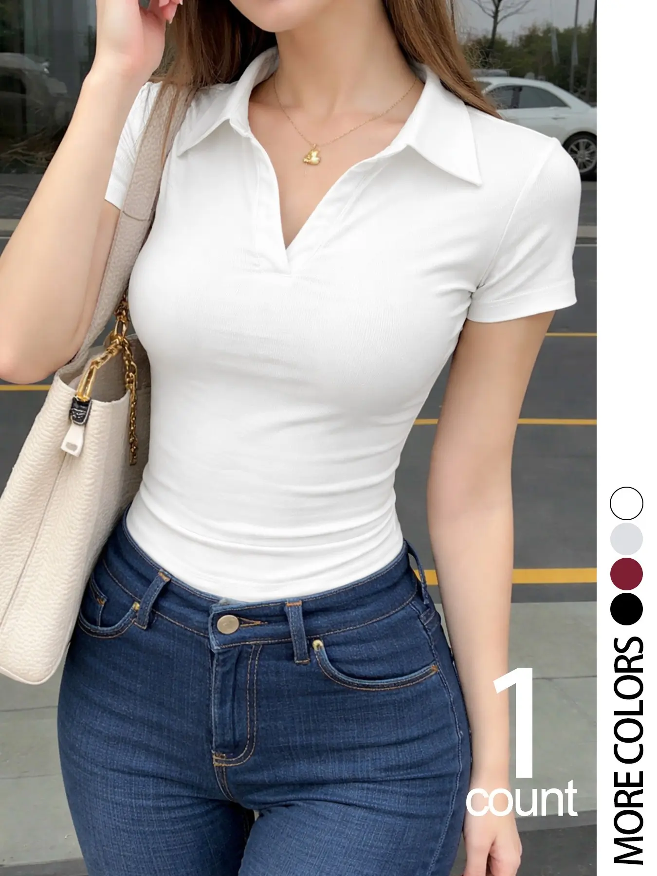 Women's Casual Slim Fit Polo Neck Short Sleeve Top, Comfortable Soft Fabric, Ideal for Outdoor Activities & Social Events