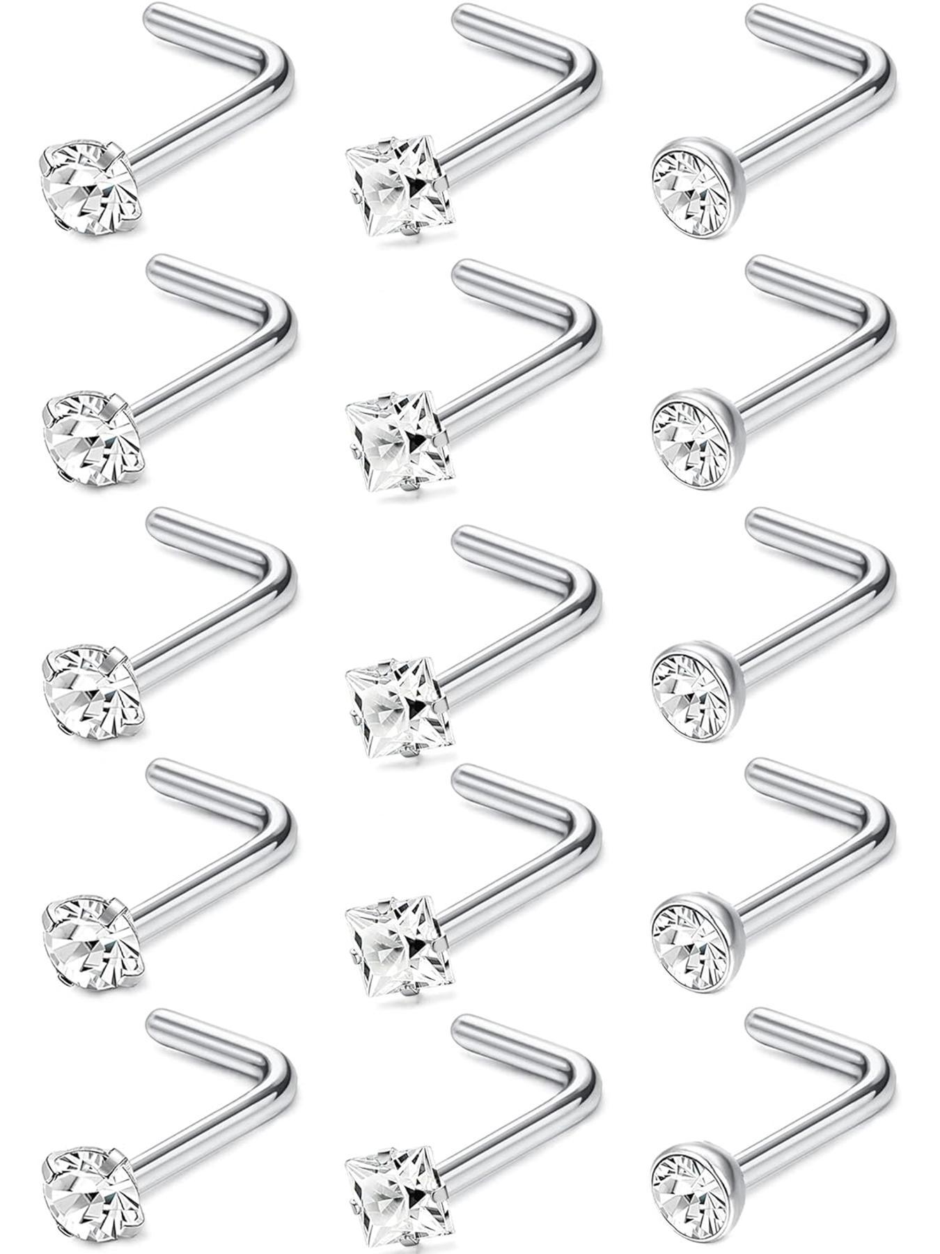 15pcs Minimalist Rhinestone Decor Nose Ring, L Shaped Screw Studs Rings, Stainless Steel Body Jewelry, Nose Piercing Jewelry for Men & Women