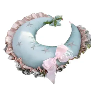 Exquisite Moon Shaped Decorative Pillow with Star Embellishments, Ruffled Trim Luxury Cute Cushion Aesthetic Bedroom Decor for Girls Women #summervibes