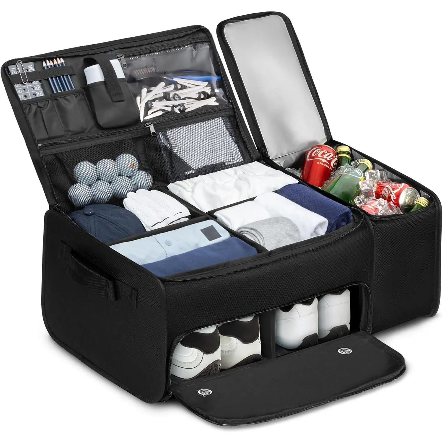 Golf Organizer for  Trunk with Cooler, Anti-Sag 2-Layer Design | Ventilated Shoe Compartment, Storage Bag for Golf Accessories, Fits SUVs & Sedans (Black)