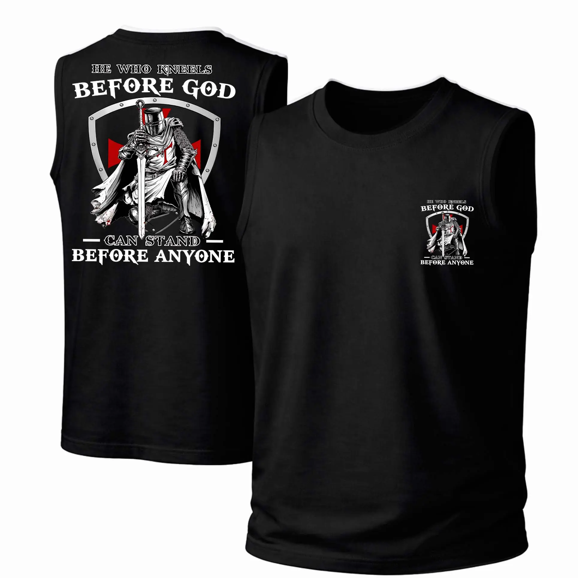 Men's Cotton Sleeveless Tank Top -“He Who Kneels Before God Can Stand Before Anyone” Printed Style. This Is A Casual Item Suitable For Both Men And Women, Especially Perfect For Spring And Summer; The Cool Print And Classic Crew Neck Cut