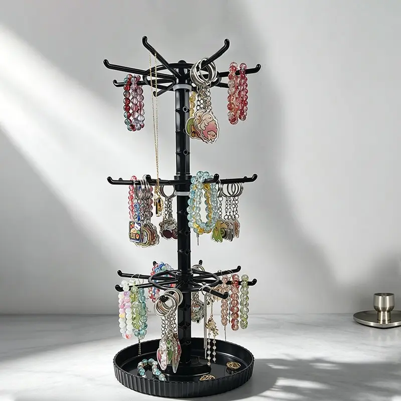 Rotatable 3-Tier Bracelet Display Stand, Multifunctional Jewelry Organizer, Oval 3-Tier Black Jewelry Tree Holder, Ideal for Storing Keychains & Accessories, Suitable for Household & Retail Use