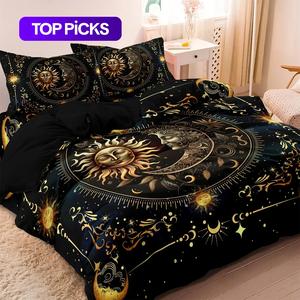 sun & moon pattern decorative duvet cover set, 3 counts/set including 1 duvet cover & 2 pillowcases without filler, boho bed set, soft comfortable bedding set for home bedroom, comfy bed sets, home decor, machine washable duvet