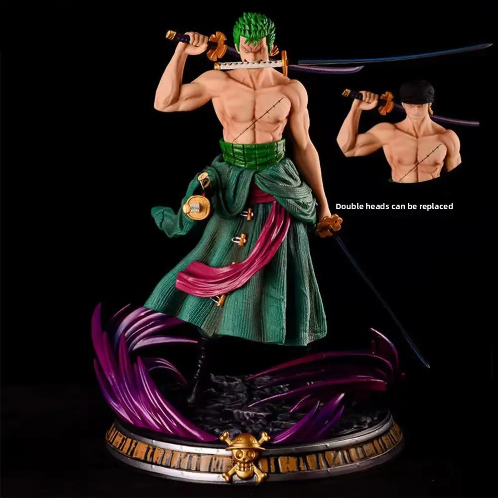 One Piece Roronoa Zoro PVC Figure, Three-Sword Style with Interchangeable Heads, Haki Effect Scene Statue, Anime Model Decor, Interchangeable Heads Design, Anime Peripheral Collectible, Desktop Decor Figurine, Anime Collectibles