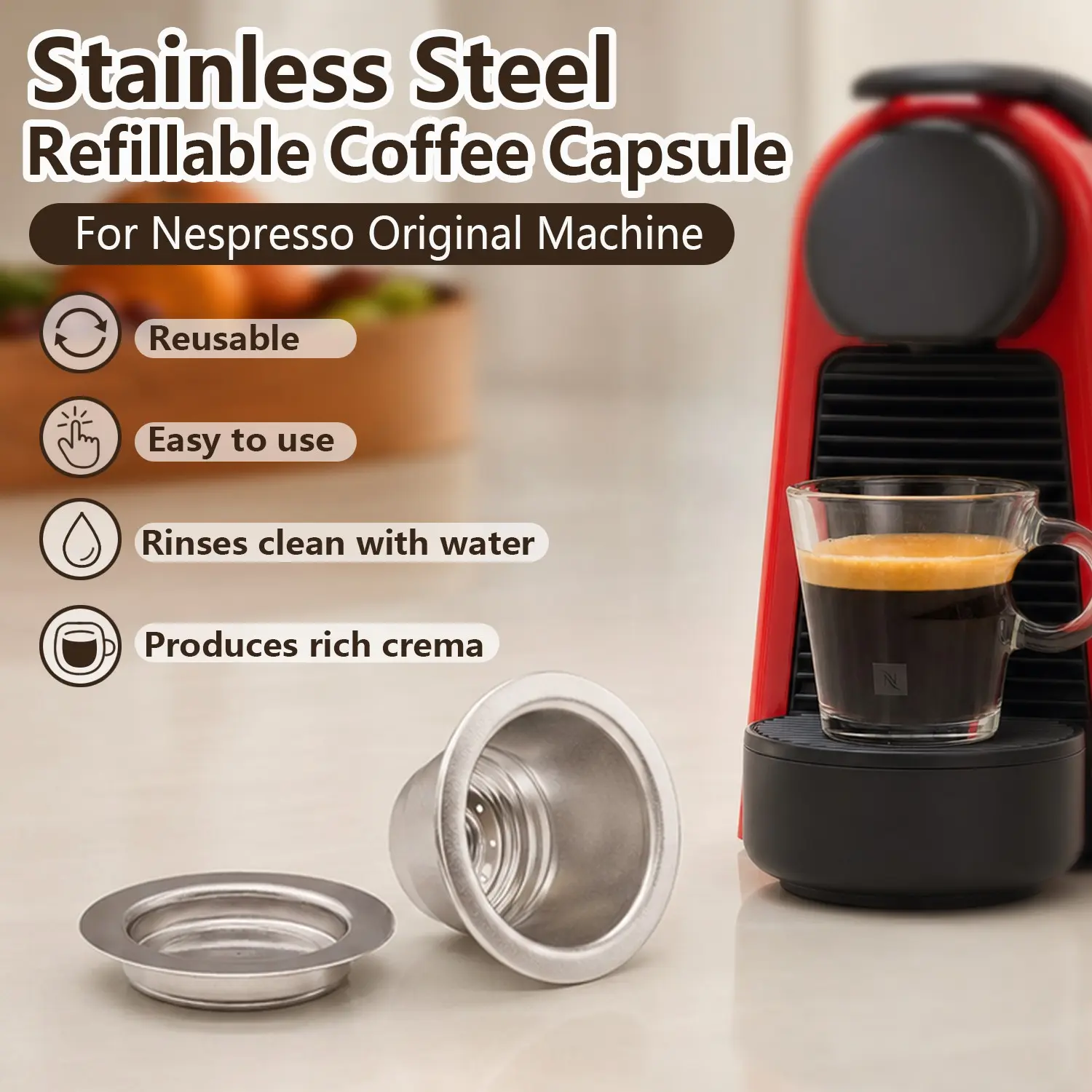 Stainless Steel Refillable Coffee Capsule for Nespresso (1/2/3/4 Counts/set), Reusable Coffee Pod, Coffee Tamper, Coffee Making Tool