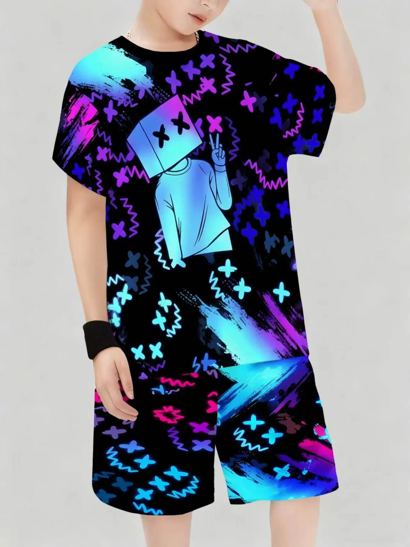 Boys' Summer Two-Piece Set, Colorful Gradient Cool Print Short Sleeve T-Shirt + Elastic Waist Shorts, Casual Streetwear, Clothes Kids, Graphic Print Set