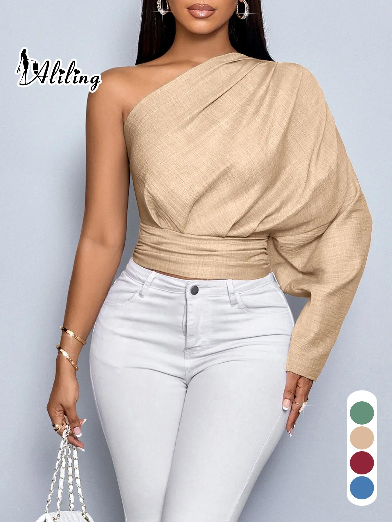 Aliling Sexy Elegant Feminine Women's One-Shoulder Long Sleeve Shirt Blouse Crop Top Slim-Fit Woven Fabric Casual Fashion for Spring or Summer