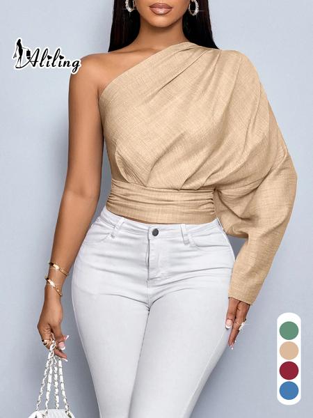 Aliling Sexy Elegant Women's One-Shoulder Long Sleeve Shirt Crop Top Slim-Fit Woven Fabric Casual Fashion for Spring or Summer