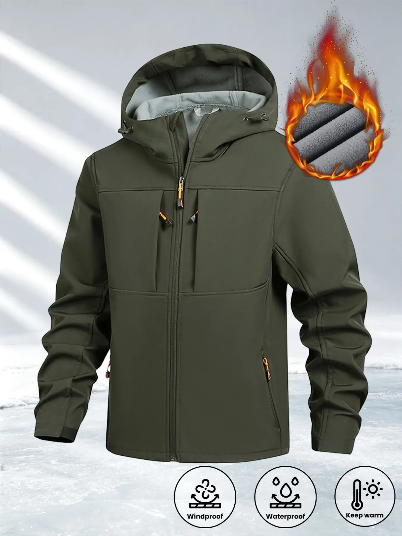 Men's Fall Winter Fleece Lined Jacket, Casual Loose Fit Outdoor Waterproof Windproof Warm Coat, Soft Shell Raincoat for Men