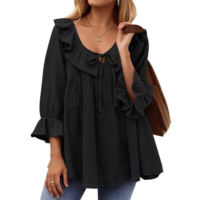 Women'S Plus Size Elegant Blouse with Ruffle Trim, Tie Front, and Bow Detail - Loose Fit, Long Sleeve, Solid Color, Polyester,  Fabric Shirts