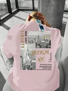 Men's Trendy Loose Fit Casual T-Shirt with New York City Print, Polyester Breathable Comfort, Geometric Pattern