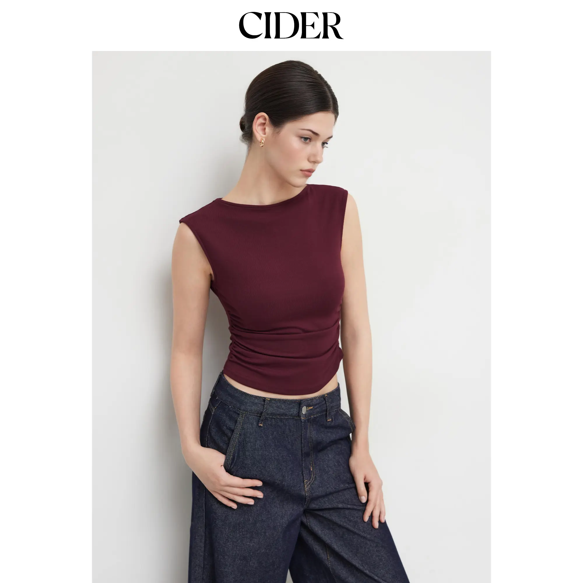 Cider Boat Neck Solid Ruched Tank Top