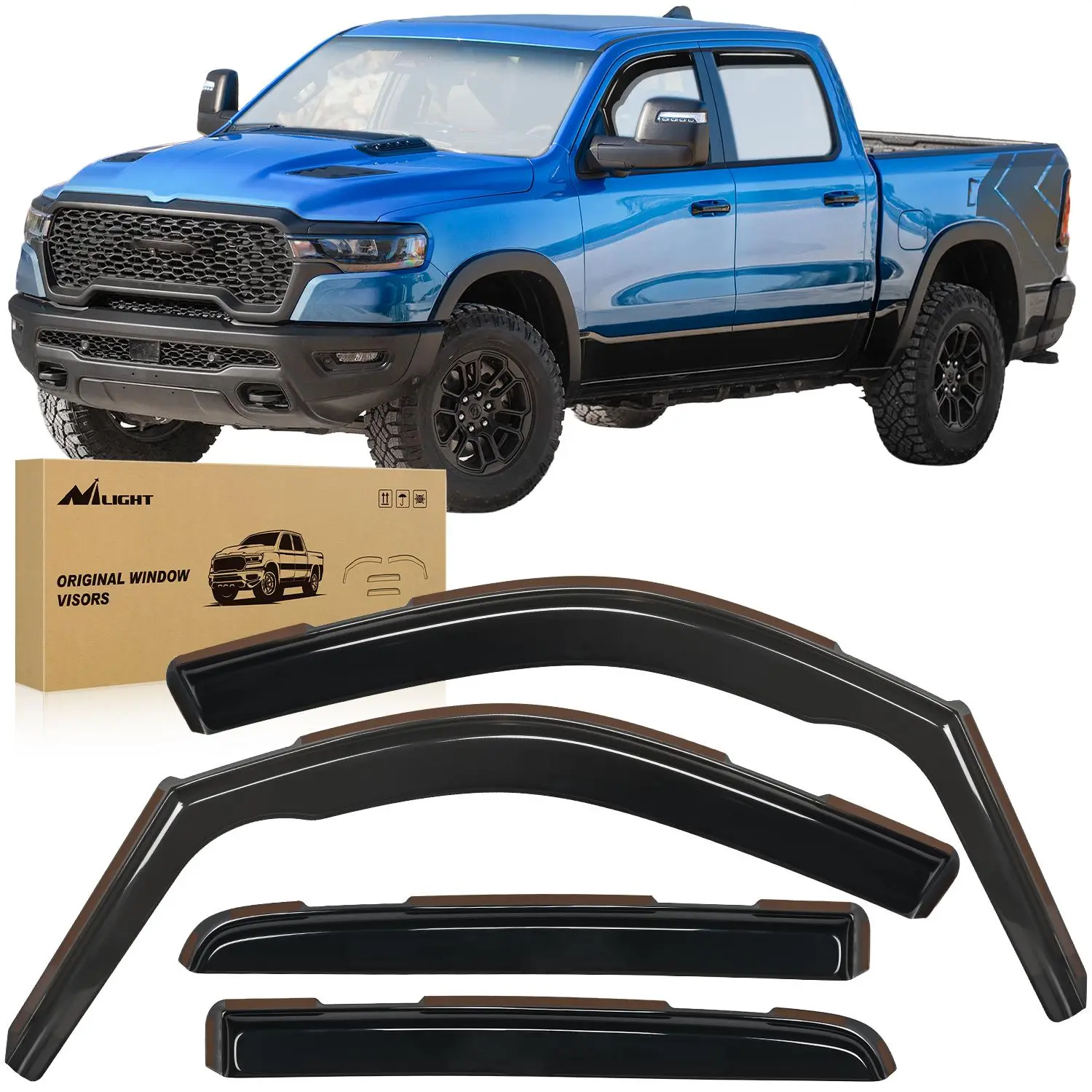 Nilight In-Channel Acrylic Rain Guards Sun Visors - Anti Glare UV Rays Window Deflectors for Dodge RAM 1500 2019-2024 Crew Cab, 4PCS Vent Window Visors, Car Exterior Accessories, Sun Visor Replacement
